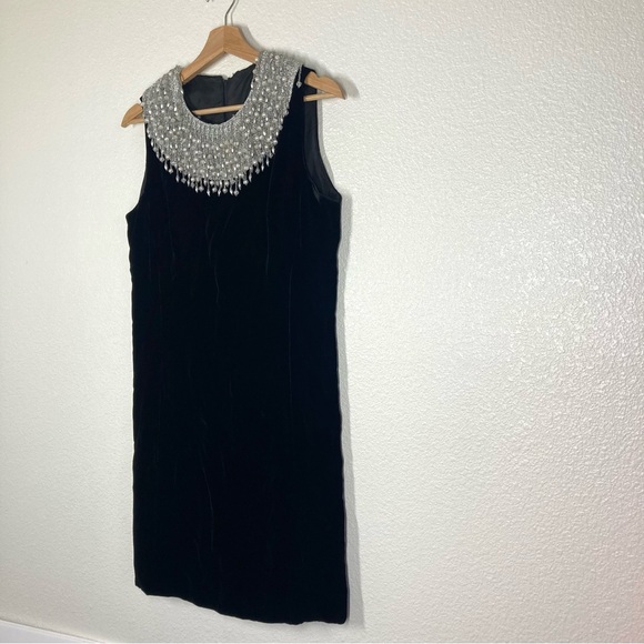 Joseph Magnin Vintage 70s Dress M velvet Embellished Black Silver stones Glam - Picture 2 of 16